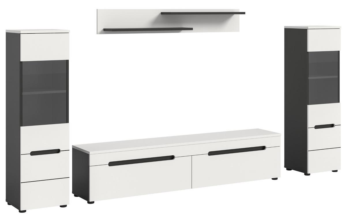 WOHNWAND weiß, grau, Wohnkombination 4-teilig hängend / stehend 272 cm, Cooper - Schwarz/Weiß, Glas/Holzwerkstoff (272/141/33cm) - Inn.Furn