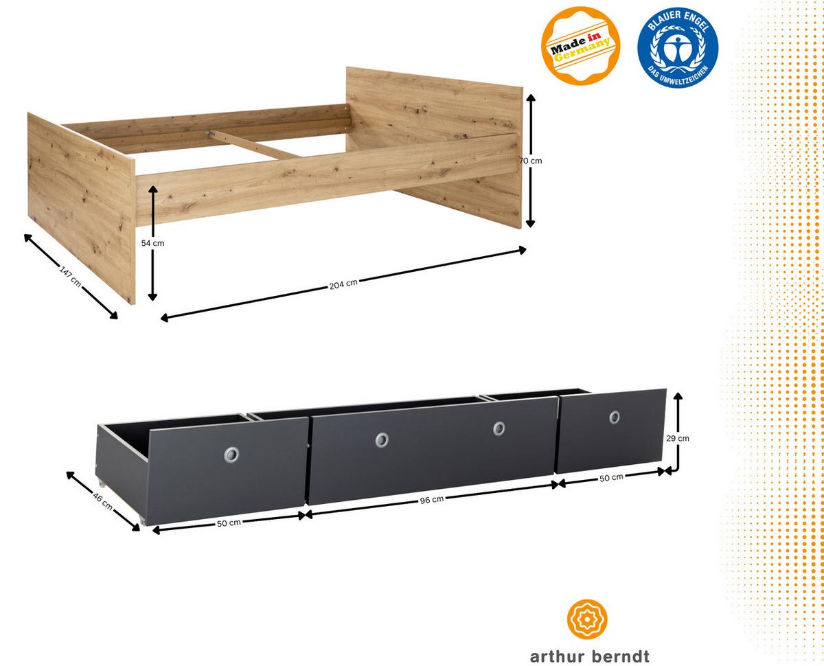 JUGENDZIMMER SET 3-tlg. Bett Kleiderschrank Bettkästen - Anthrazit/Silberfarben, Holzwerkstoff/Kunststoff (140/1/200cm) - arthur berndt