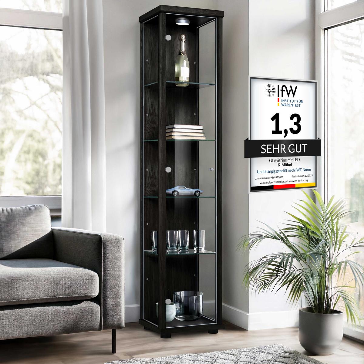 GLASVITRINE 33/37/176 cm mit LED & 4 höhenverstellbaren Glasböden - Transparent/Silberfarben, Glas/Holzwerkstoff (37/176/33cm) - K-Möbel