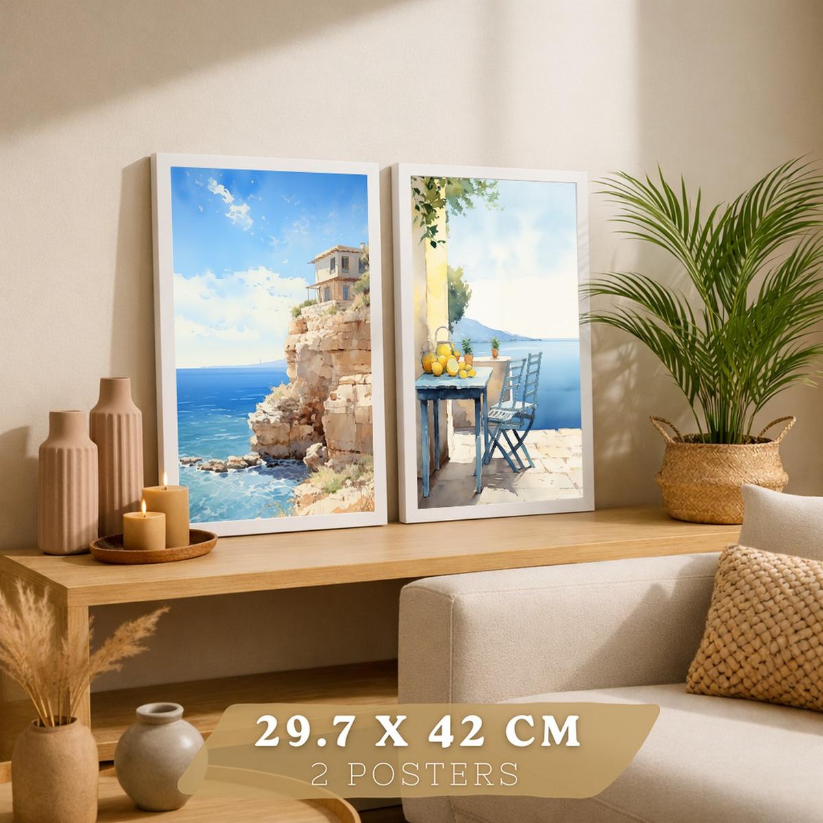 POSTER 3er Bilder-Set Wandbilder Strand Meer modern ohne Rahmen – Wohnzimmer Deko, Schlafzimmer, Küche, Badezimmer Weißer Rahmen A4 - Weiß, Papier (29.7/1/21cm) - Nacnic