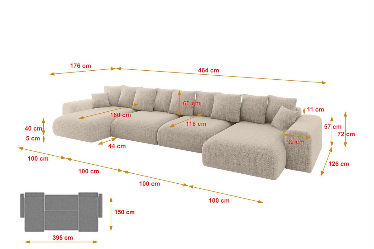 WOHNLANDSCHAFT mit Schlaffunktion ESKAR-U2-464x176x72cm Beige - Cappuccino, Holzwerkstoff/Kunststoff (176/72/464cm) - ALTDECOR