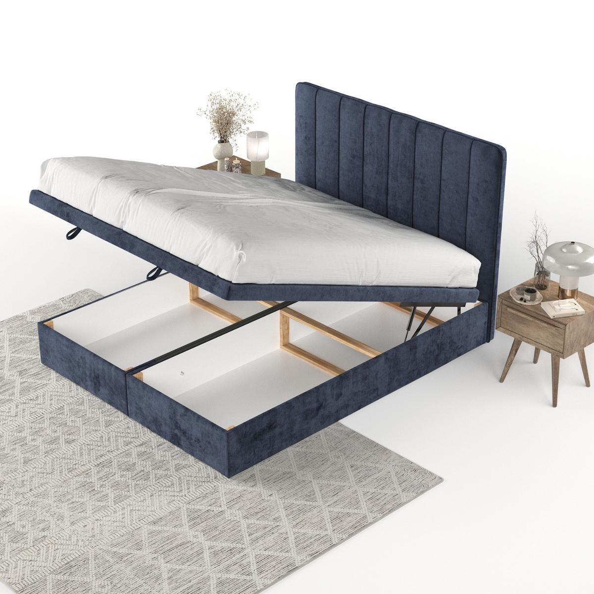 POLSTERBETT Vienna mit Stauraum 120/200 cm Marineblau im Lotta Stoff - Schwarz/Dunkelblau, Holz/Holzwerkstoff (120/200cm) - AltaBeds