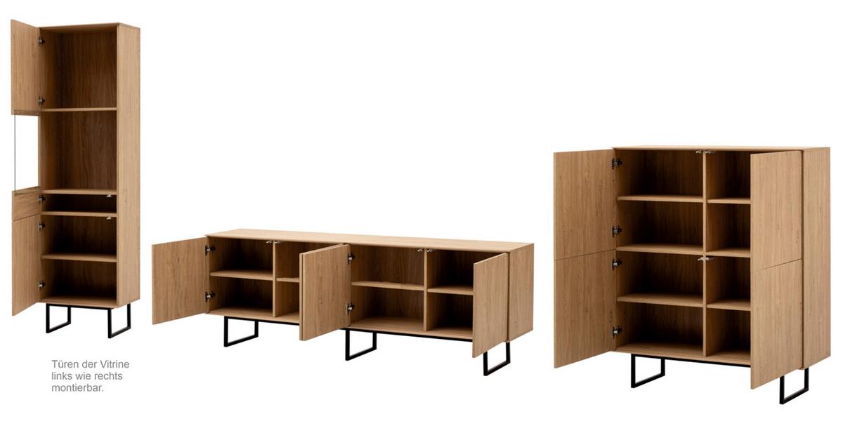 WOHNWAND Stone Eiche, 3-teilig 400 cm, Schrankwand mit Push-to-Open - Eichefarben/Schwarz, Holzwerkstoff/Metall (400/200/40cm) - Furn.Design