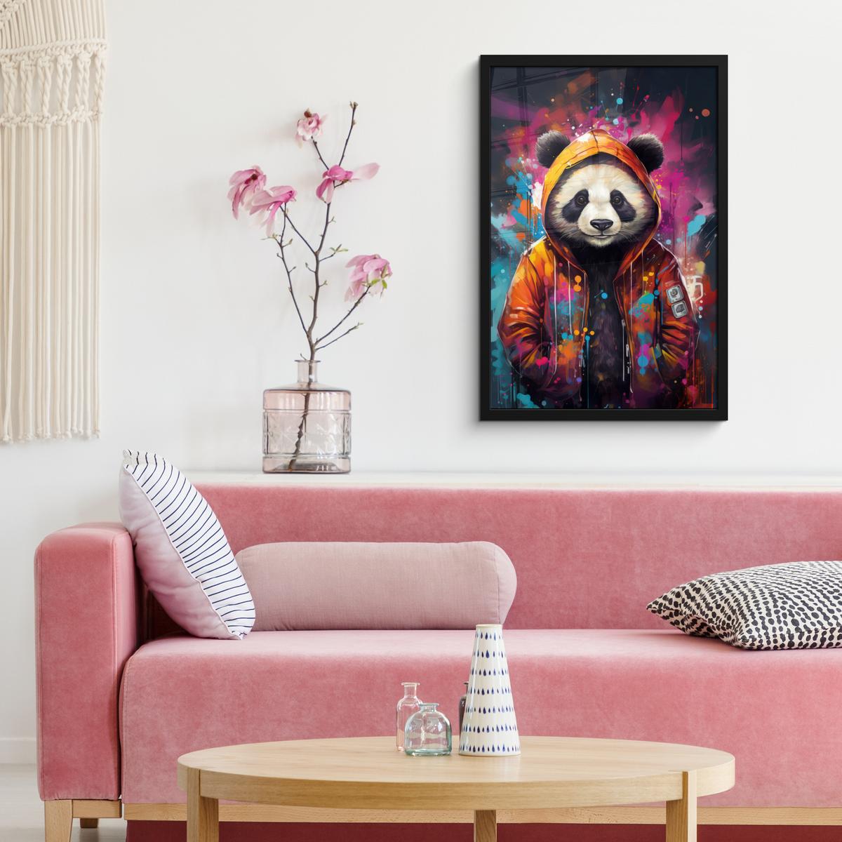 POSTER MIT RAHMEN Panda - Jacke - Graffiti - Orange Bilder mit Rahmen 40x60 cm - Orange, Papier (40/60cm) - MuchoWow