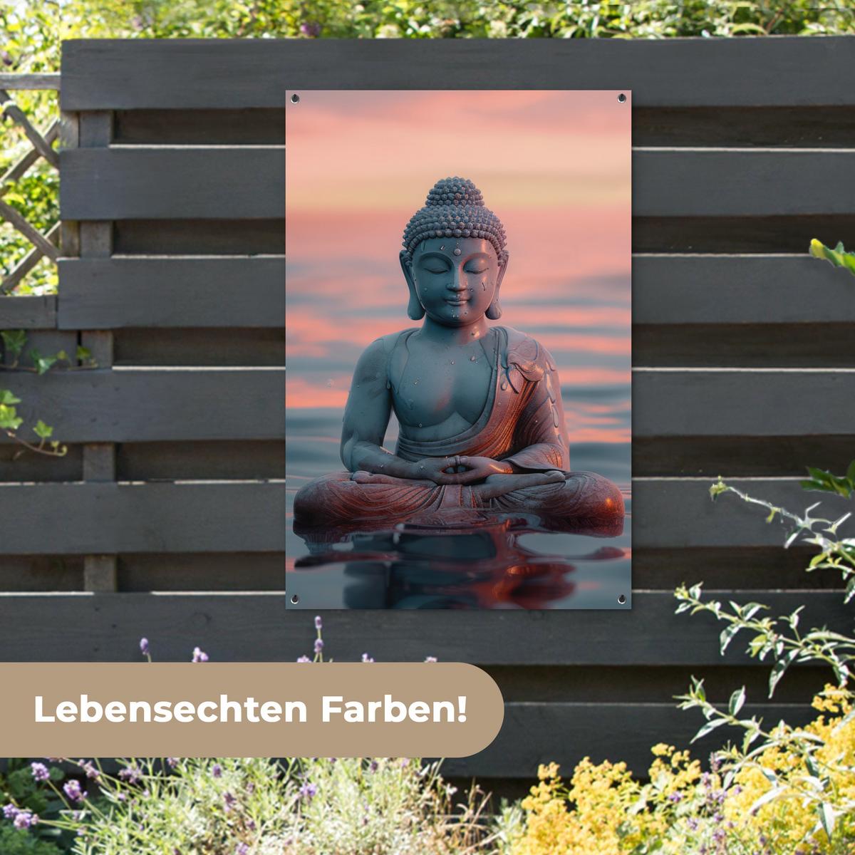 GARTENPOSTER Buddha - Statue - Buddha - Wasser - Kunst - Buddha Outdoor Bilder 80x120 cm - Blaugrau, Kunststoff (80/120/0.2cm) - OnlyWow