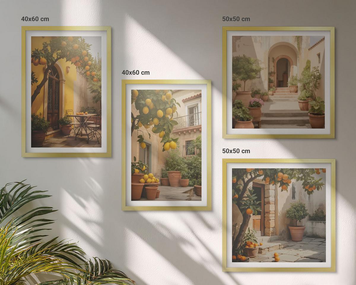 BILDER SET 4er Set - 50x50 cm & 40x60 cm Goldrahmen - Terrasse mit Zitrusbäumen - Goldfarben, Kunststoff (50/50cm) - TULUP