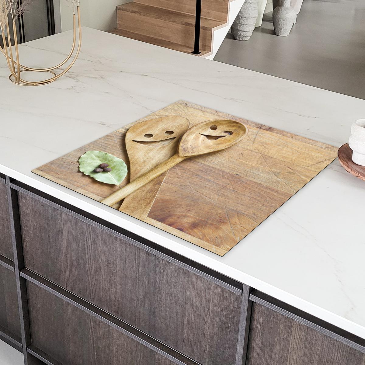 HERDABDECKPLATTE Holz - Löffel - Braun - Smiley Induktionsmatte 78x78 cm - Hellbraun, Kunststoff (78/78/0.2cm) - MuchoWow