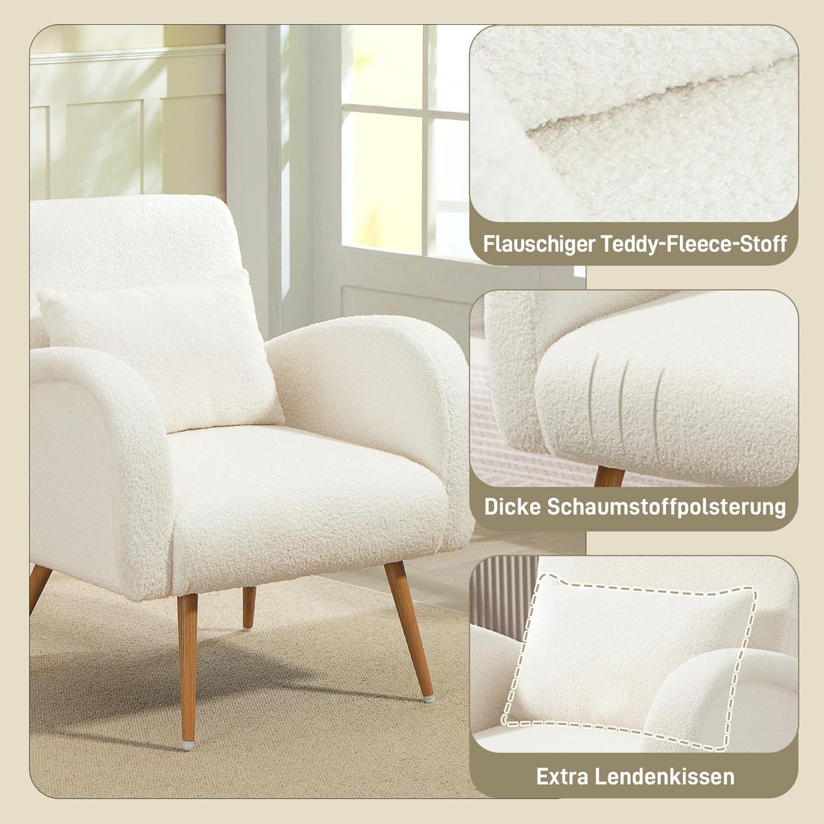 SESSEL gepolsterter Loungesessel mit Armlehnen, Lendenkissen, Metallbeine Creme - Creme, Textil (77/83/77cm) - HOMCOM