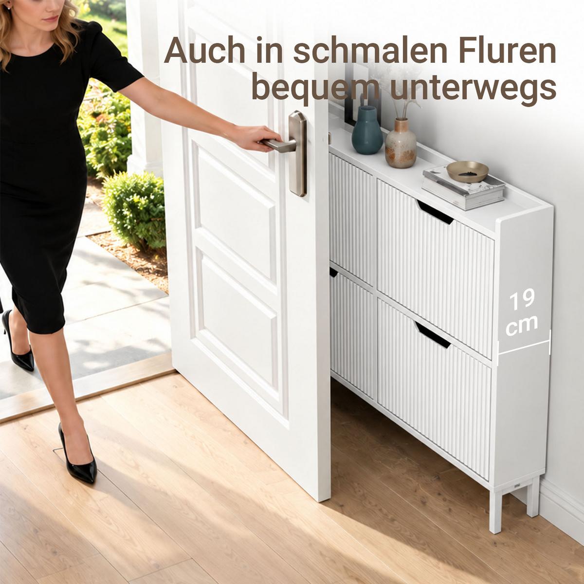 SCHUHSCHRANK mit 4 Klappen schmal 100x91x19cm Weiß Schmal für Flur, Diele & hinter der Tür - Weiß, Holzwerkstoff/Metall (100/91/19cm) - SoBuy
