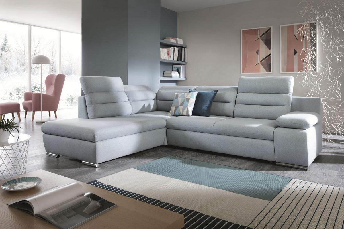 ECKSOFA RISO Blau Velours-Stoff mit Schlaffunktion - Blau, Holz (280/230cm) - MASSENO