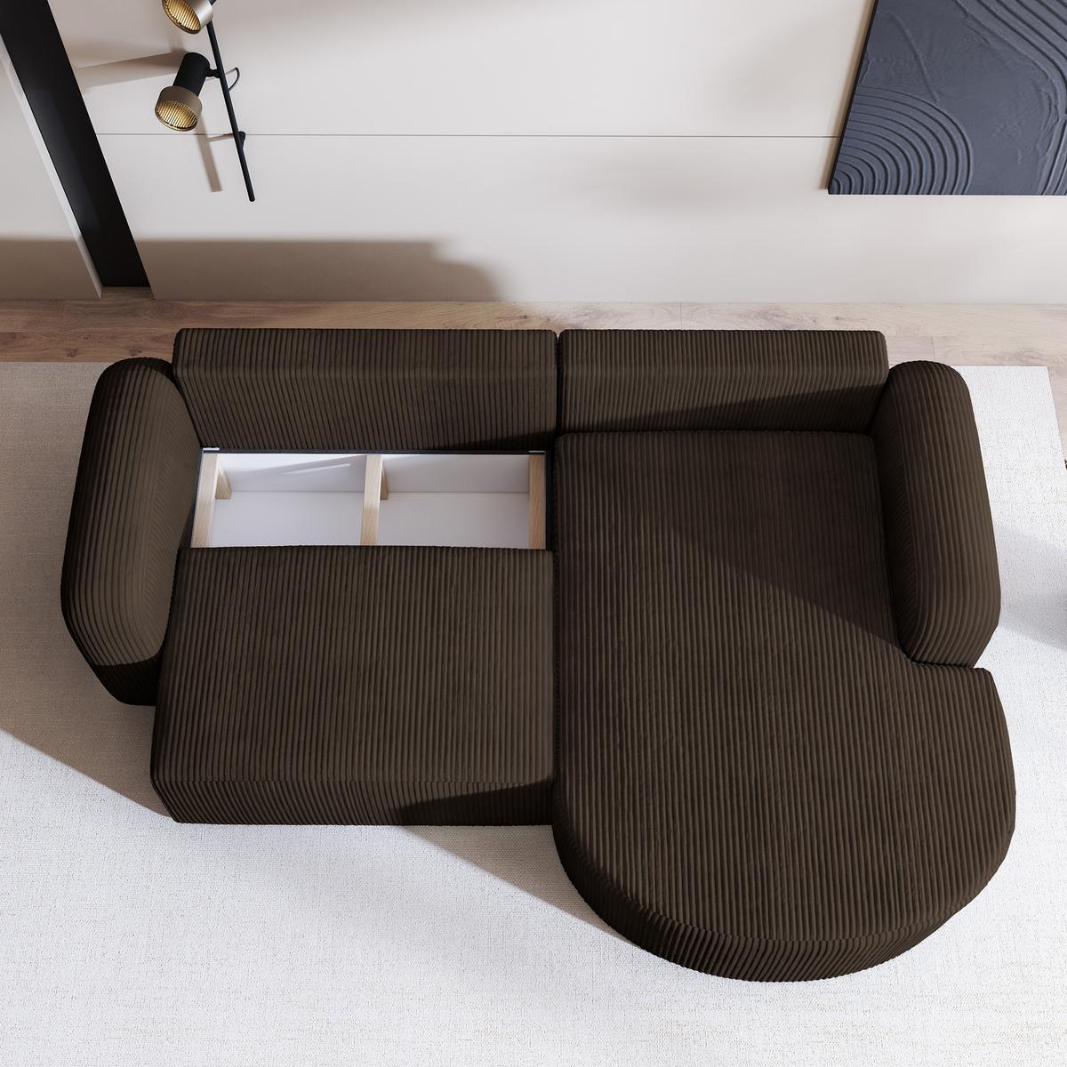 ECKSOFA AMILIA P R-S Braun Kordstoff mit Schlaffunktion - Braun, Holz (263/174cm) - MASSENO