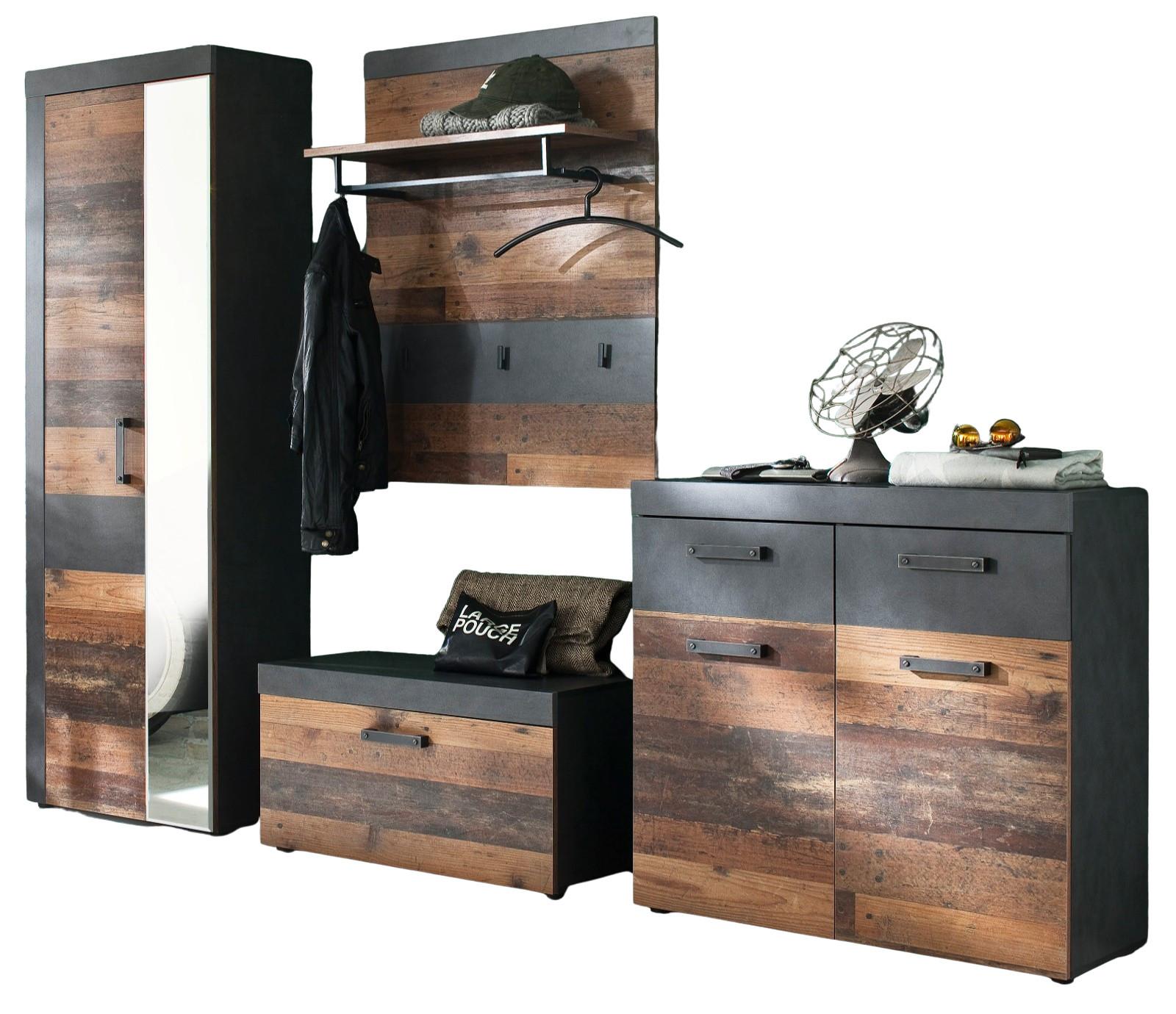 GARDEROBEN-SET 4-teilig in Old Used Wood Vintage 265 cm, Komplettset mit viel Stauraum - Silberfarben/Schwarz, Holzwerkstoff/Kunststoff (265/192/37cm) - Top.Furn