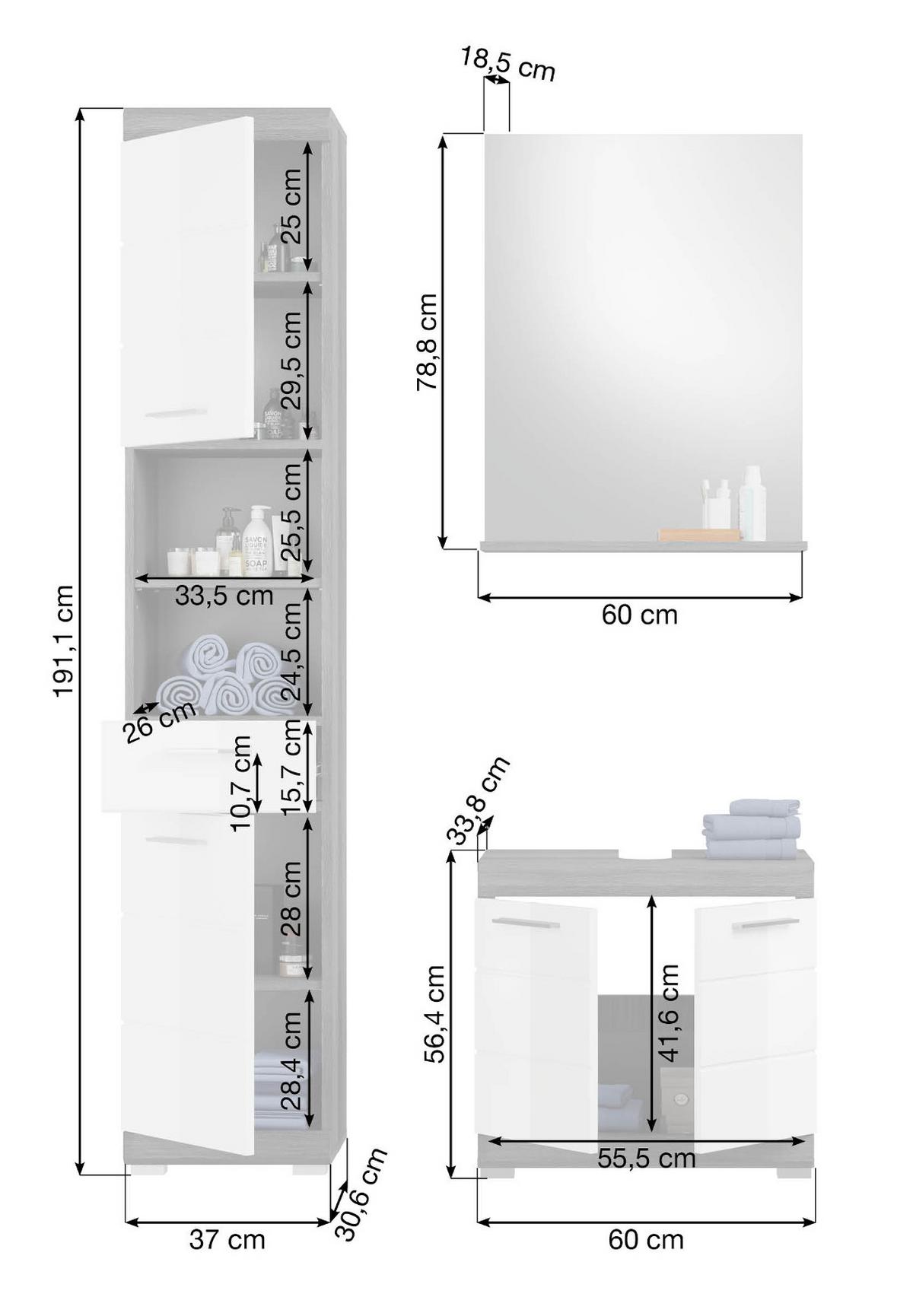 BADMÖBEL-SET weiß Hochglanz, grau 3-teilig 112 cm, Badkombination, 8 Fächer - Weiß Hochglanz/Grau, Glas/Holzwerkstoff (112/191/34cm) - Inn.Furn