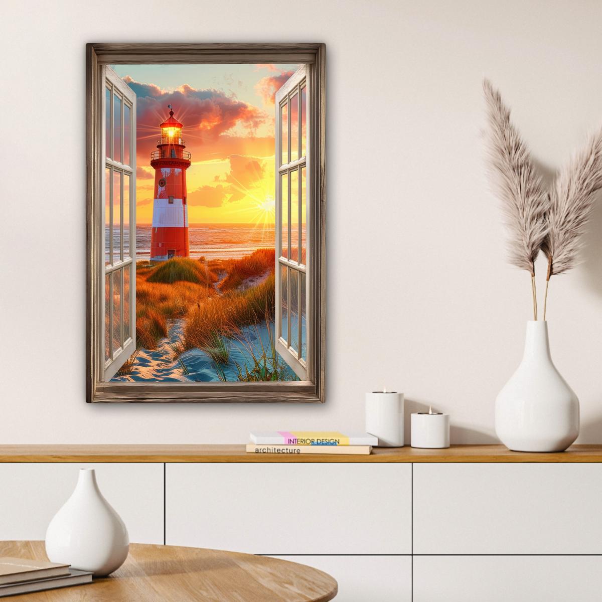 LEINWANDBILD Aussicht - Fenster - Leuchtturm - Sonnenuntergang - Strand Wanddeko 40x60 cm - Dunkelorange, Textil (40/60cm) - MuchoWow
