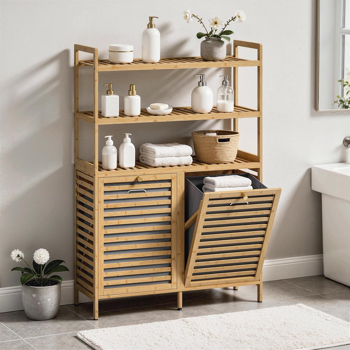 WÄSCHESCHRANK Bambus Vliesstoff Eiche - Eichefarben/Goldfarben, Naturmaterialien/Bambusholz (30/118/80cm) - HOMCOM