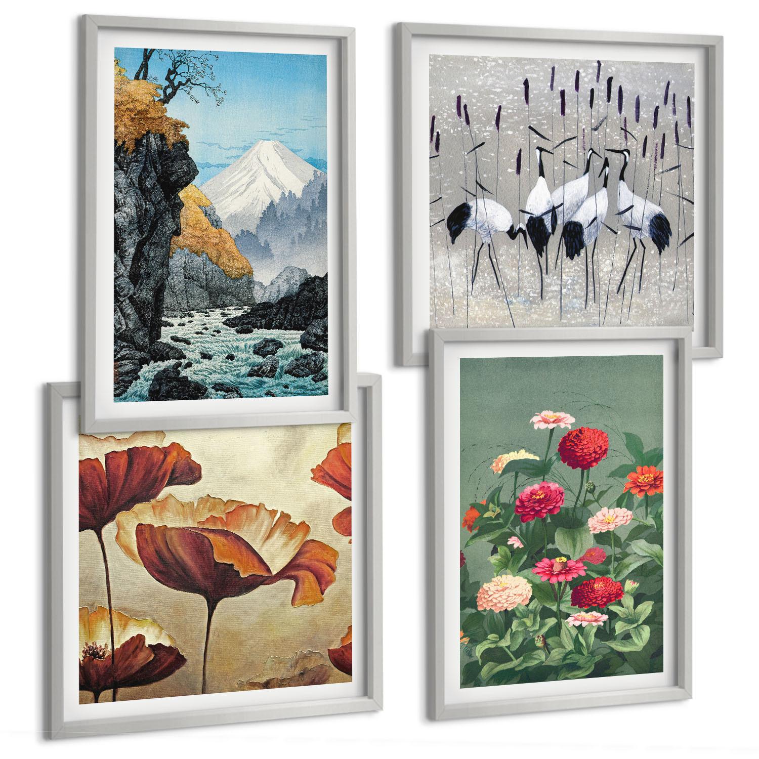 BILDER SET 4er Set - 50x50 cm & 40x60 cm Silberner Rahmen - Berge, Wasserfälle, Vögel, Blumen - Silberfarben, Kunststoff (50/50cm) - TULUP