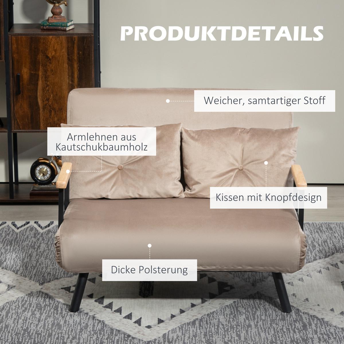 SCHLAFSOFA, Klappbett mit Bettfunktion, Verstellbarer Rückenlehne für Wohnzimmer - Hellbraun/Schwarz, Holz/Textil (73/81/102cm) - HOMCOM