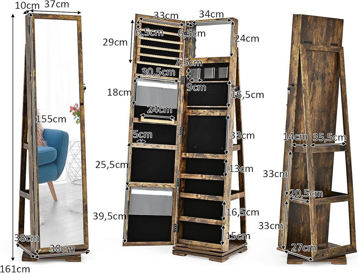 SCHMUCKSCHRANK 161cm Braun - Braun, Holz (39/161/39cm) - COSTWAY