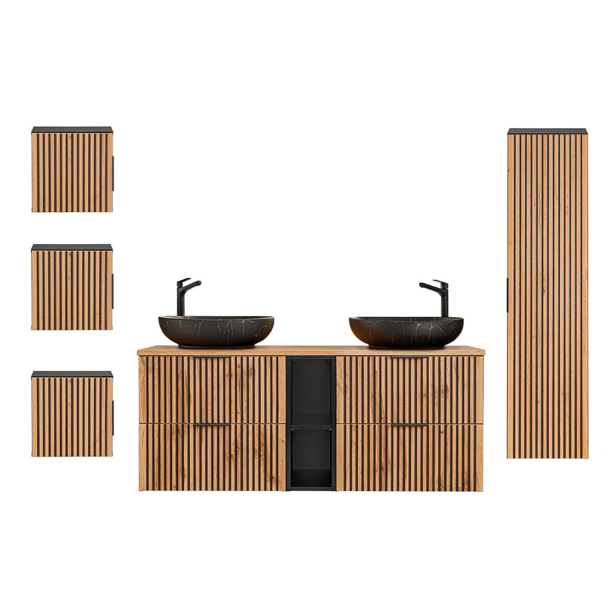 BADMÖBEL 140.6cm Gaia 2er-Set Holz in Eichenoptik und Schwarz - Braun, Holzwerkstoff (140.6/59/46cm) - Petits-meubles