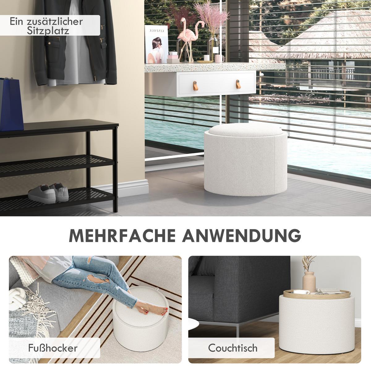 SITZHOCKER Rund mit Polsterung und Stauraum, Klappdeckel, Creme - Creme, Textil (56/42/56cm) - HOMCOM
