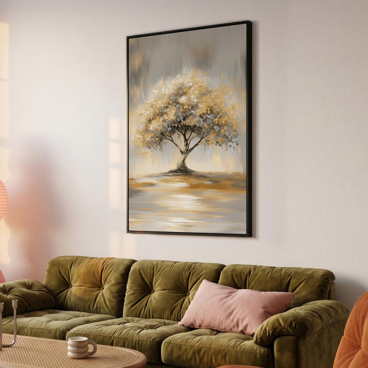 LEINWAND Bilder mit Rahmen - Gemälde - Baum - Abstrakt - Blätter - 100x150 - Beige, Textil (100/150cm) - MuchoWow