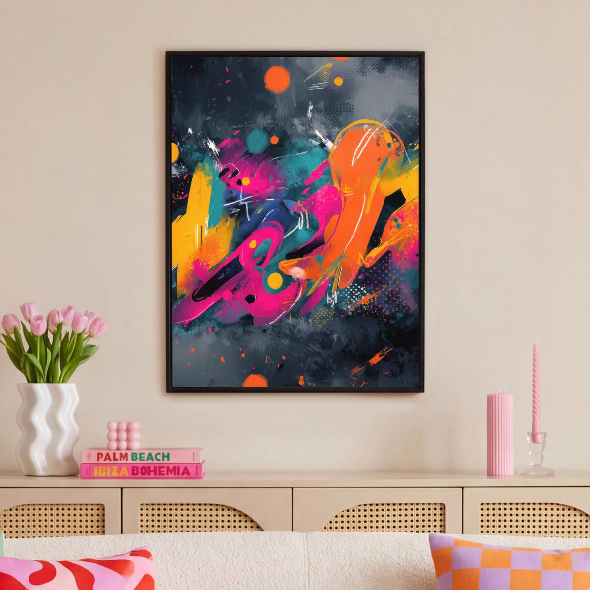 LEINWAND Bilder mit Rahmen - Abstrakt - Graffiti - Farbenfroh - Farbspritzer - 70x100 - Multicolor, Textil (70/100cm) - MuchoWow