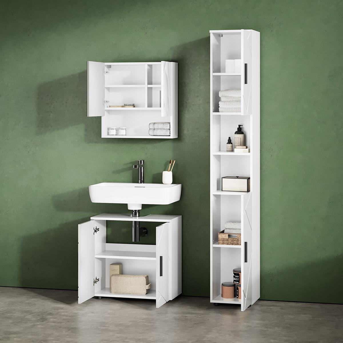 BADMÖBEL-SET Ronco Weiß Hochglanz 3 Teile, mit Hochschrank - Weiß Hochglanz, Holzwerkstoff (60/59/30cm) - Livinity®