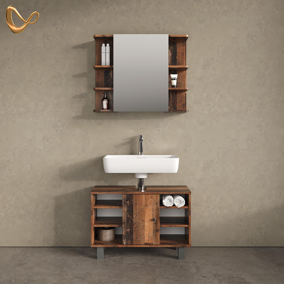 BADMÖBEL-SET Fucino Eiche rustikal 2 Teile, Unterschrank 80 cm - Wildeiche, Holzwerkstoff (60/54/32cm) - Livinity®
