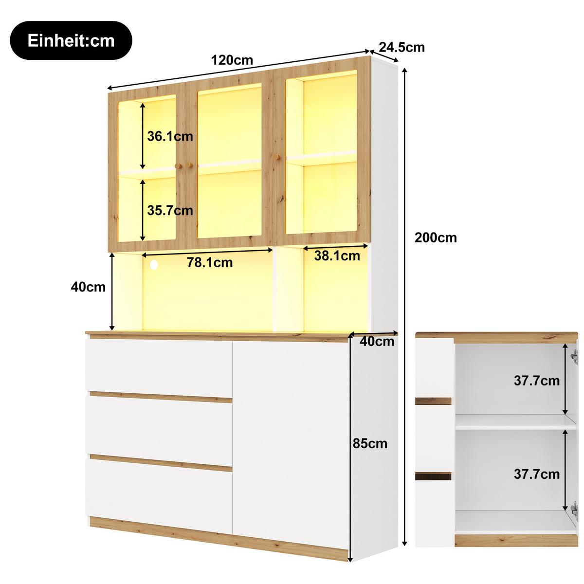 VITRINESCHRANK eiche & weiß 200 cm hoch mit led-beleuchtung & kabelmanagement - Weiß, Holzwerkstoff (120/200/40cm) - Urban Meuble