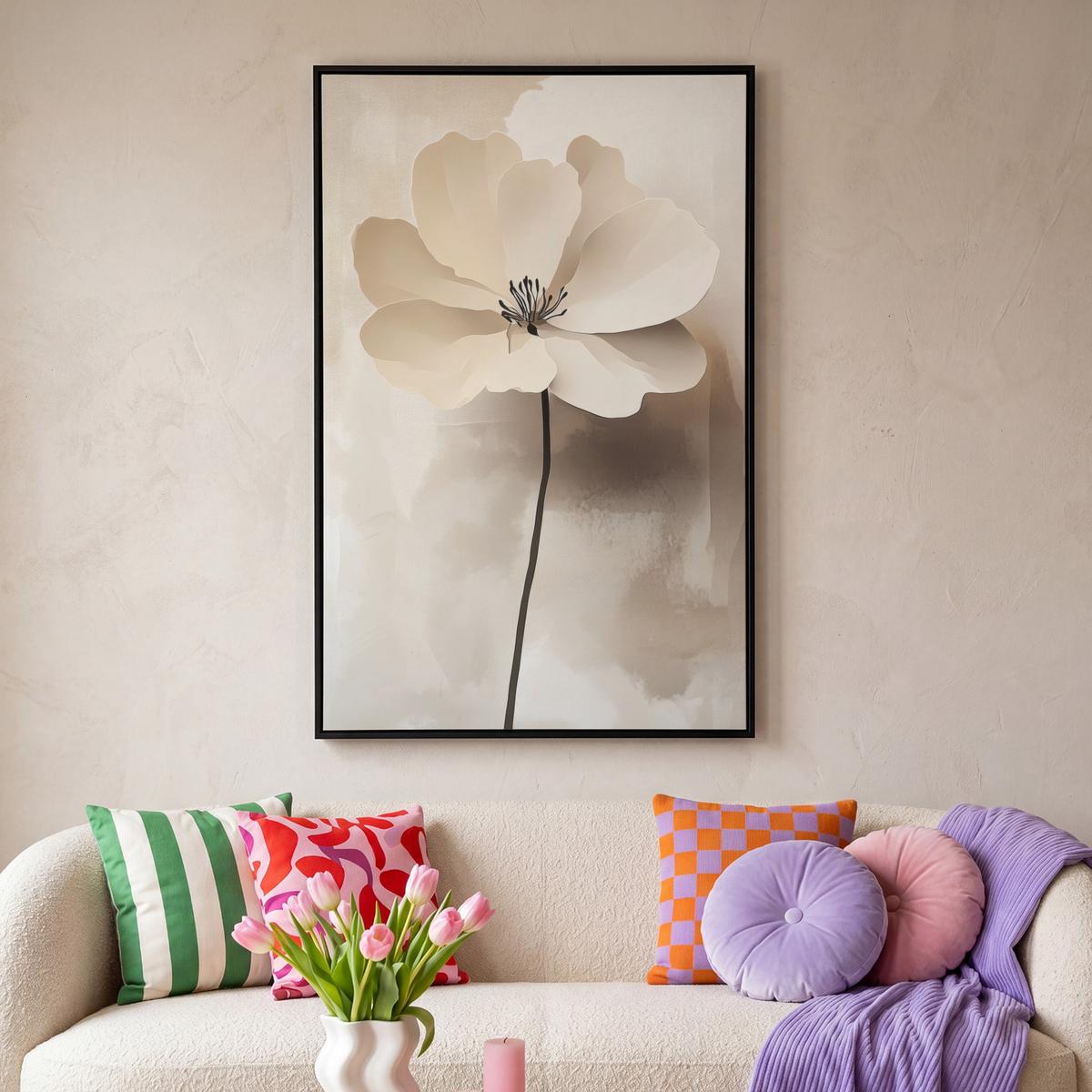 LEINWAND Bilder mit Rahmen - Blume - Beige - Farbe - Schatten - 90x140 - Creme, Textil (90/140cm) - MuchoWow