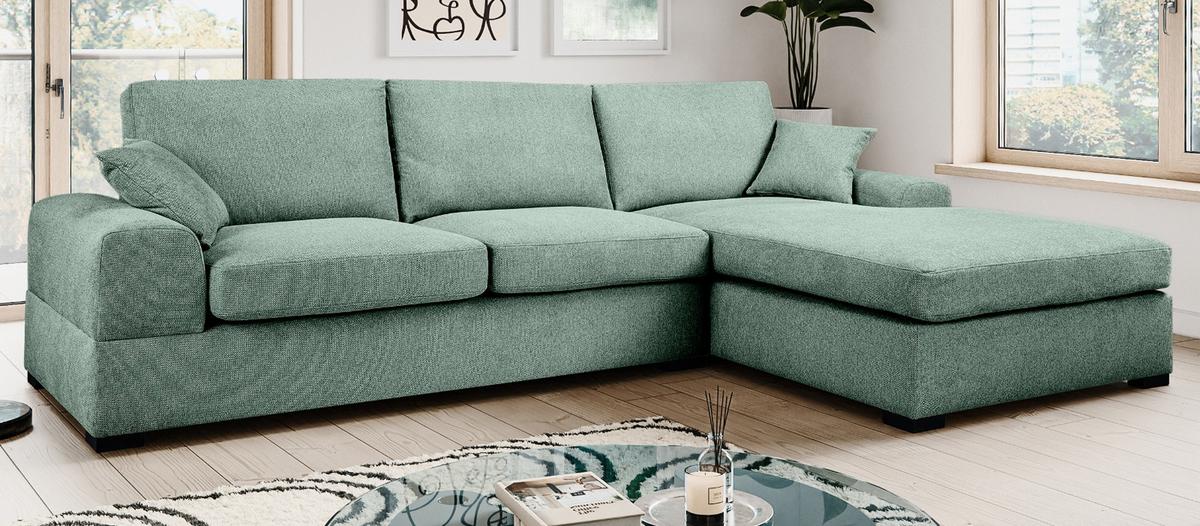 SOFA petrol Strukturstoff 308 cm, Ecksofa 5-Sitzer, L-Sofa Ottomane rechts - Petrol/Schwarz, Holz/Textil (308/186cm) - Inn.Furn