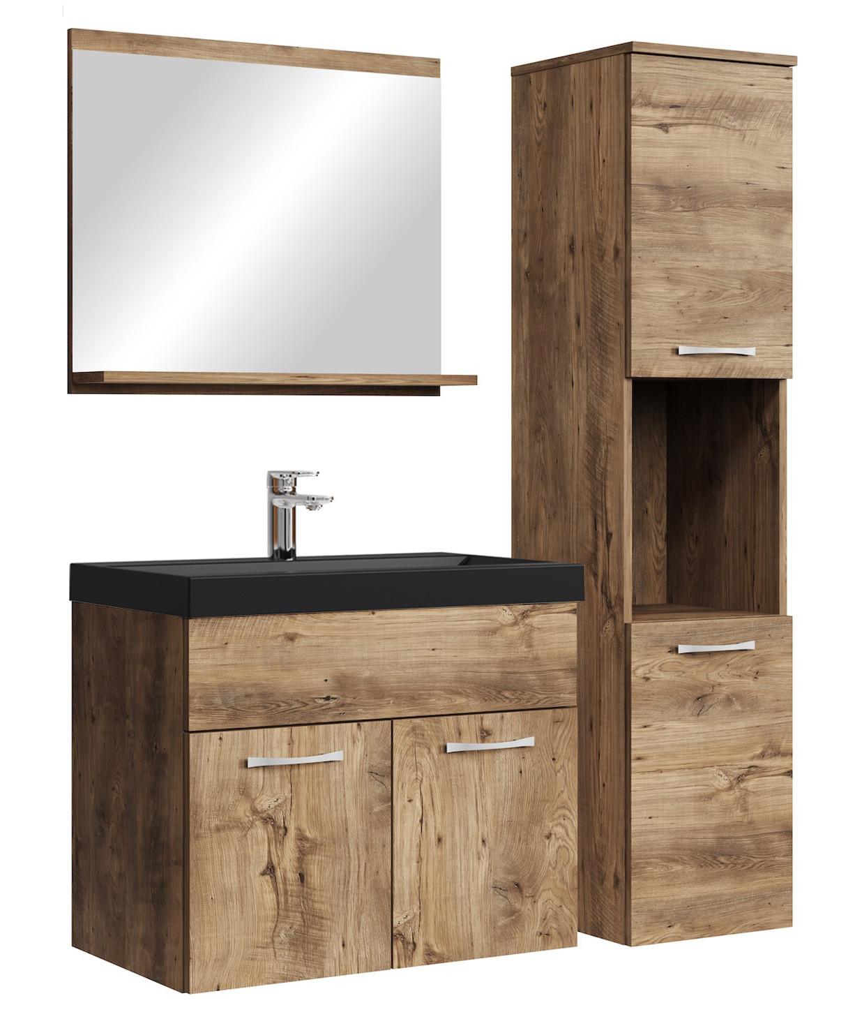 BADMÖBEL-SET Montreal 4 Teile Braun Eiche - Schwarze Waschbecken - 60 x 35 x 51 cm - Eichefarben/Schwarz, Holz (60/51/35cm) - Badplaats