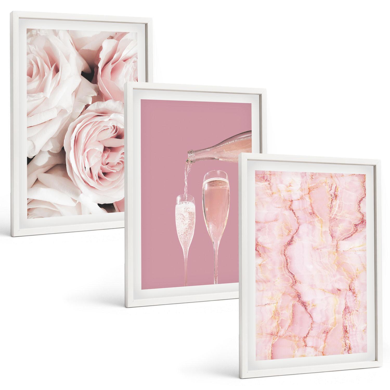 BILDER SET 3er Set - 40x60 cm Weißer Rahmen - Champagnerfarbene Rosen, Marmorhintergrund - Weiß, Kunststoff (40/60cm) - TULUP