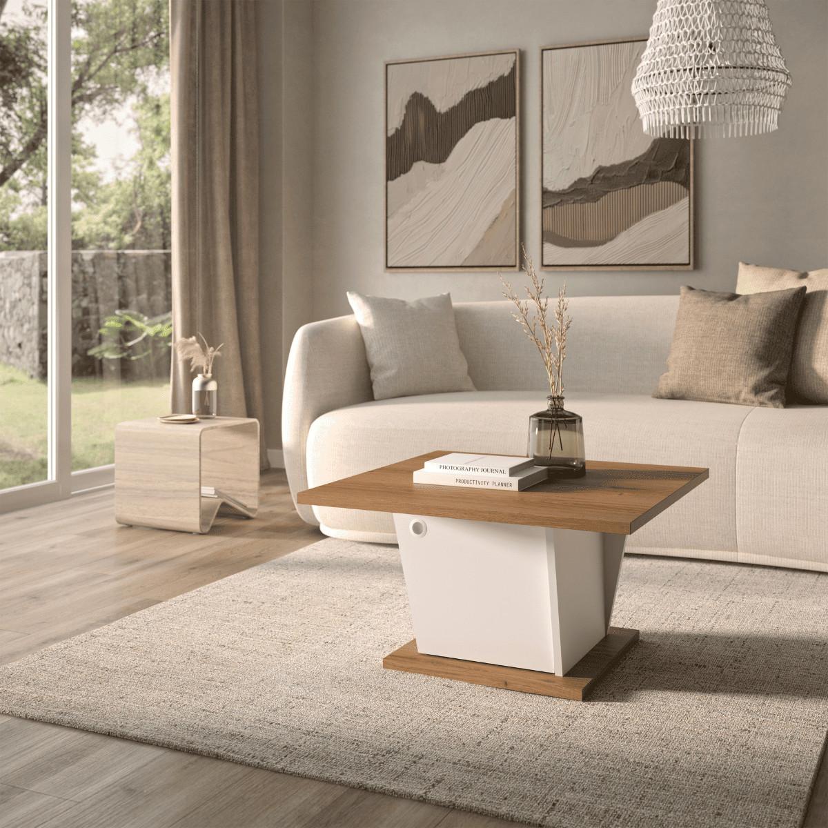 COUCHTISCH Bar Dekor Weiß und Eiche ATOS 69/69/38 cm - Eschefarben, Holzwerkstoff (70.5/69/38cm) - Calicosy