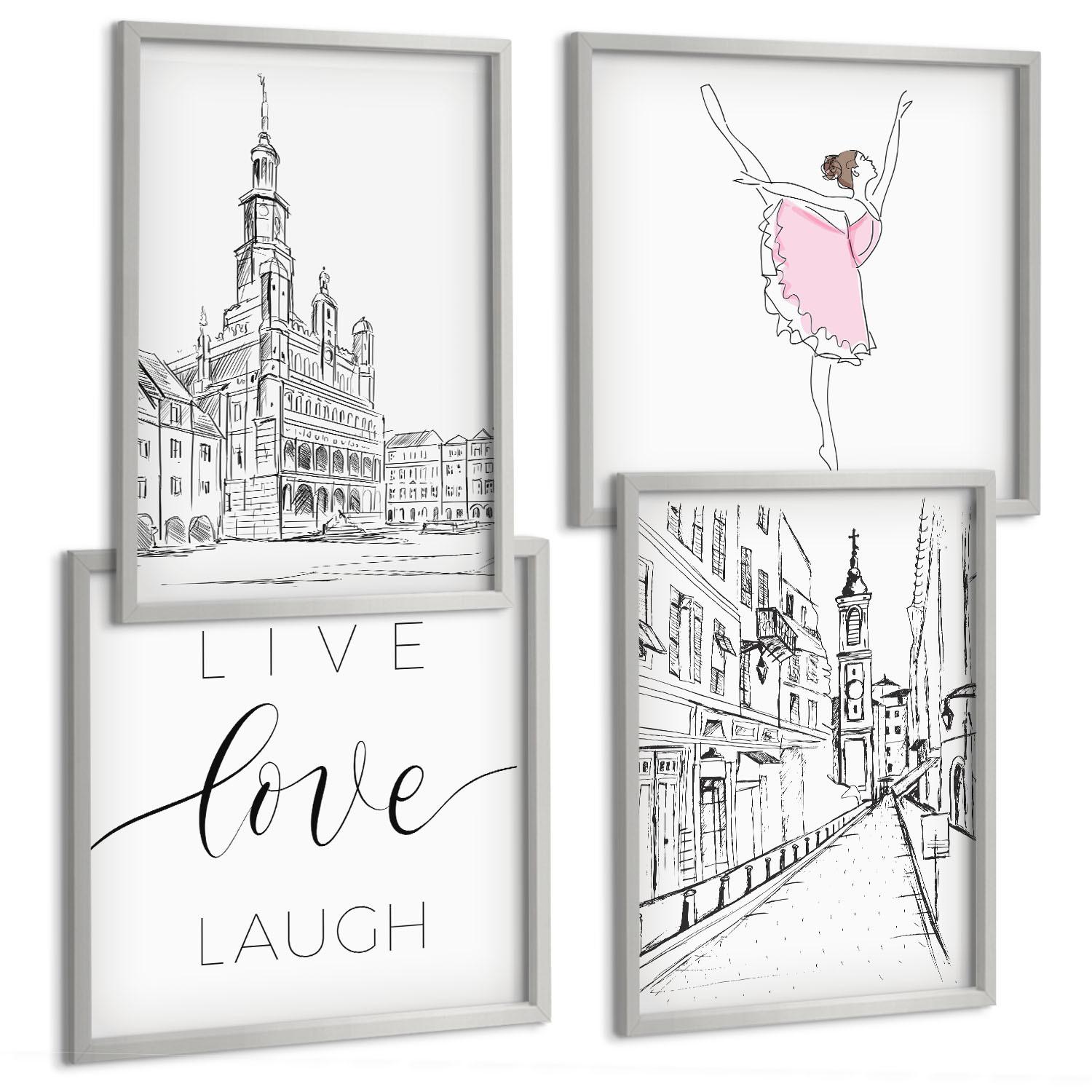 BILDER SET 4er Set - 50x50 cm & 40x60 cm Silberner Rahmen - Stilvolle Grafik, Ballerina-Architektur - Silberfarben, Kunststoff (50/50cm) - TULUP