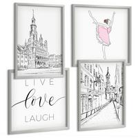 BILDER SET 4er Set - 50x50 cm & 40x60 cm Silberner Rahmen - Stilvolle Grafik, Ballerina-Architektur - Silberfarben, Kunststoff (50/50cm) - TULUP