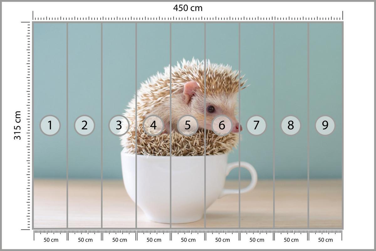 FOTOTAPETE für Esszimmer Igel Weiße Tasse Süß Tier 450x315 - Beige/Weiß, Papier (450/315cm) - Muralo