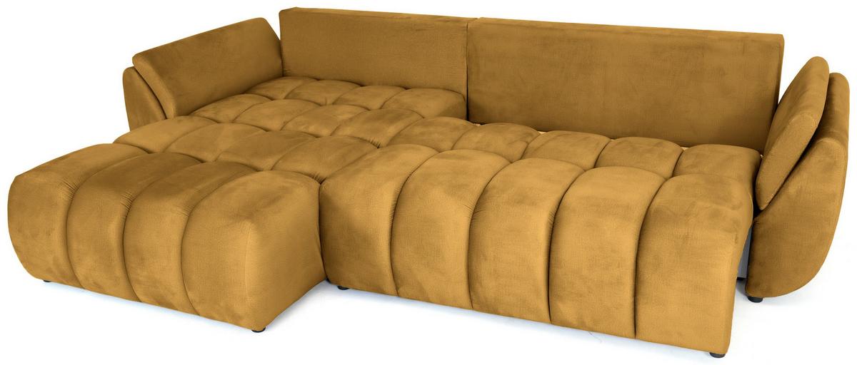 ECKSOFA Iris mit Schlaffunktion und Bettkasten, links oder rechts montierbar – Senfgelb Samt 280/184/85 cm - Dunkelgelb/Schwarz, Kunststoff/Textil (280/184cm) - WFL GROUP