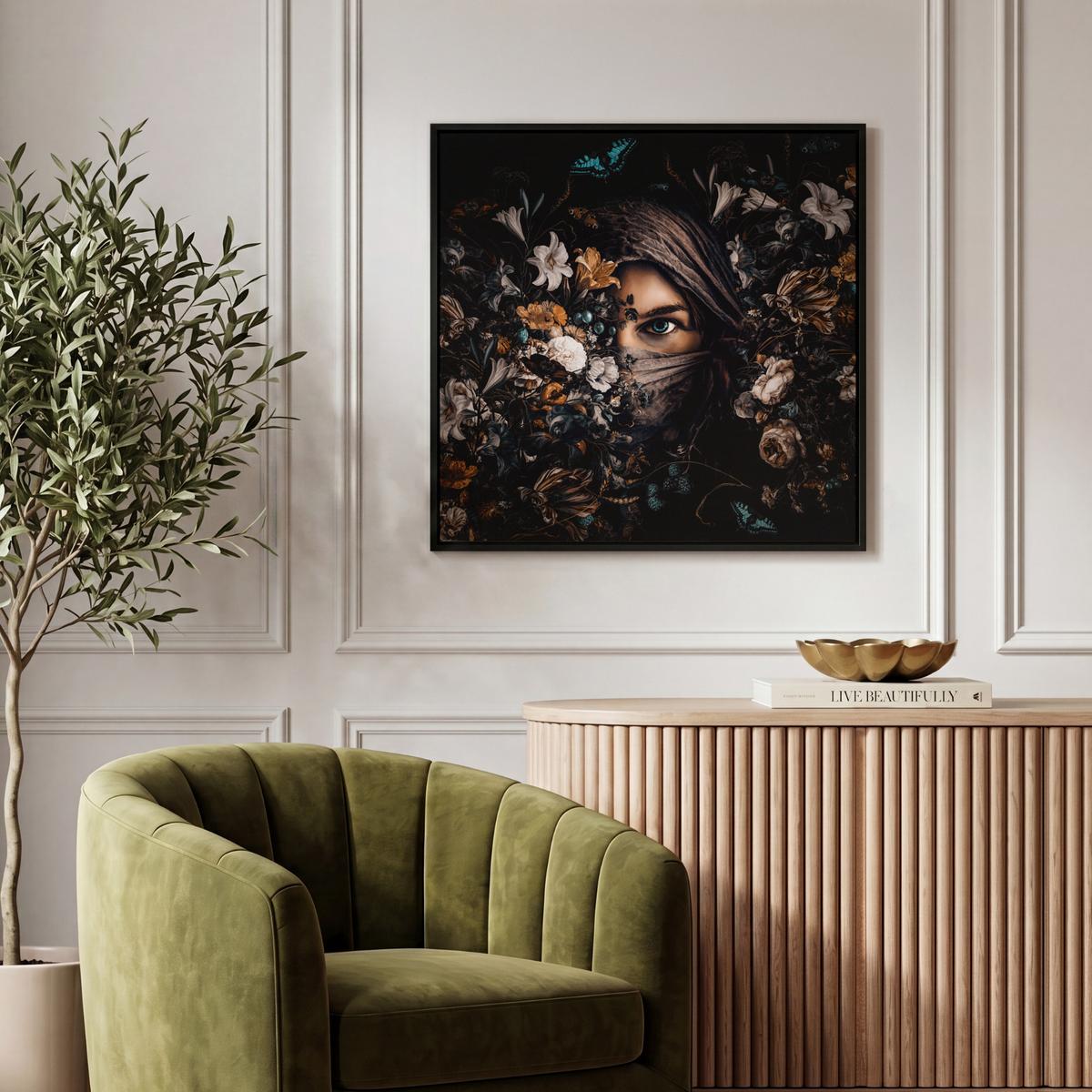 LEINWAND Bilder mit Rahmen - Frau - Luxus - Blumen - Schmetterling - Porträt - 50x50 - Schwarz, Textil (50/50cm) - MuchoWow