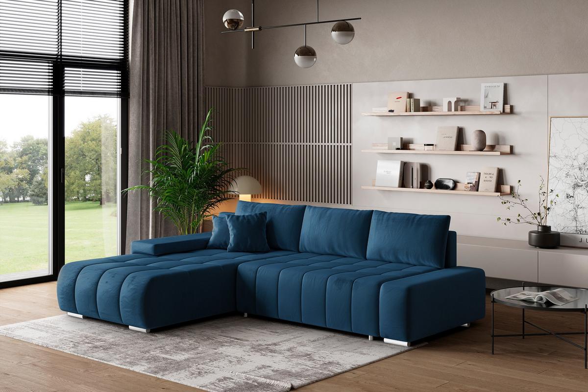 ECKSOFA ALESE L-S Blau Velours-Stoff mit Schlaffunktion - Blau/Silberfarben, Holz/Textil (265/185cm) - MASSENO