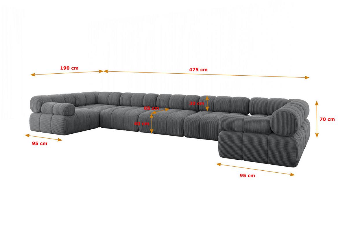 WOHNLANDSCHAFT modulares Sofa Birno-U3 - 475x190x70 cm Dunkelgrau Cord - Dunkelgrau, Holzwerkstoff/Textil (475/70/190cm) - ALTDECOR