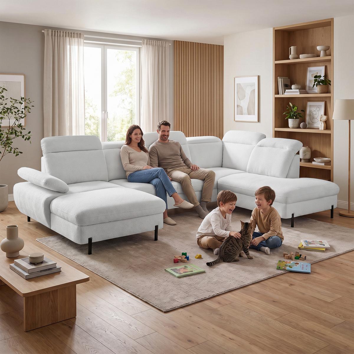 WOHNLANDSCHAFT Sora U mit Schlaffunktion und verstellbarer Sitztiefe, Kopfstützen und Armlehne, 365 cm, Hellgrau, Links - Hellgrau/Schwarz, Textil (365/107/235cm) - Beautysofa