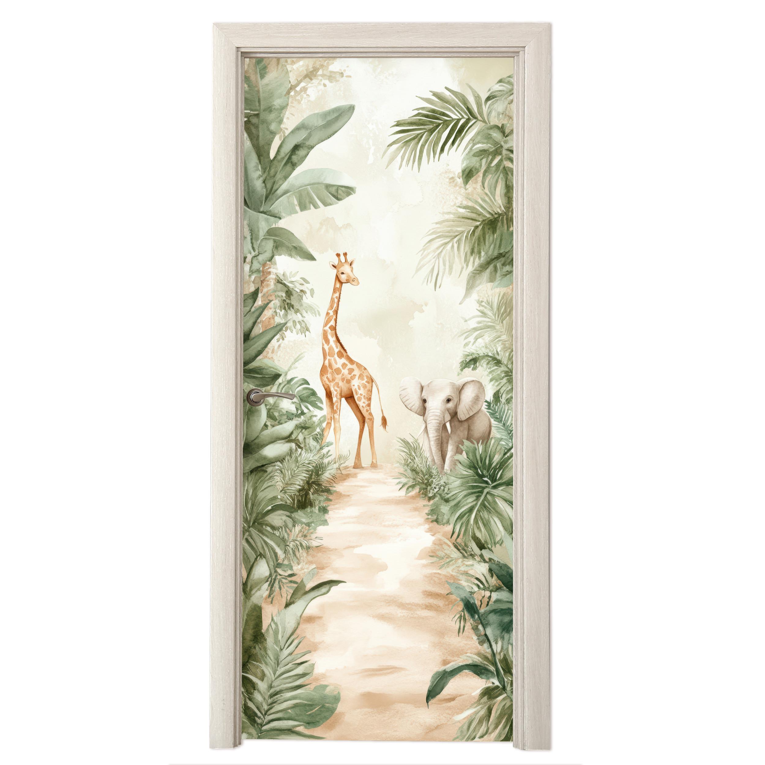 TÜRAUFKLEBER Dschungel - Giraffe - Elefant - Grün - Natur Room Decor 85x205 cm - Türtapete - Eukalyptusholzfarben, Kunststoff (85/0.1cm) - MuchoWow
