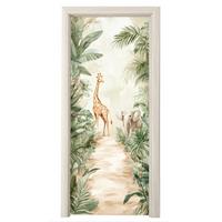 TÜRAUFKLEBER Dschungel - Giraffe - Elefant - Grün - Natur Room Decor 85x205 cm - Türtapete - Eukalyptusholzfarben, Kunststoff (85/0.1cm) - MuchoWow