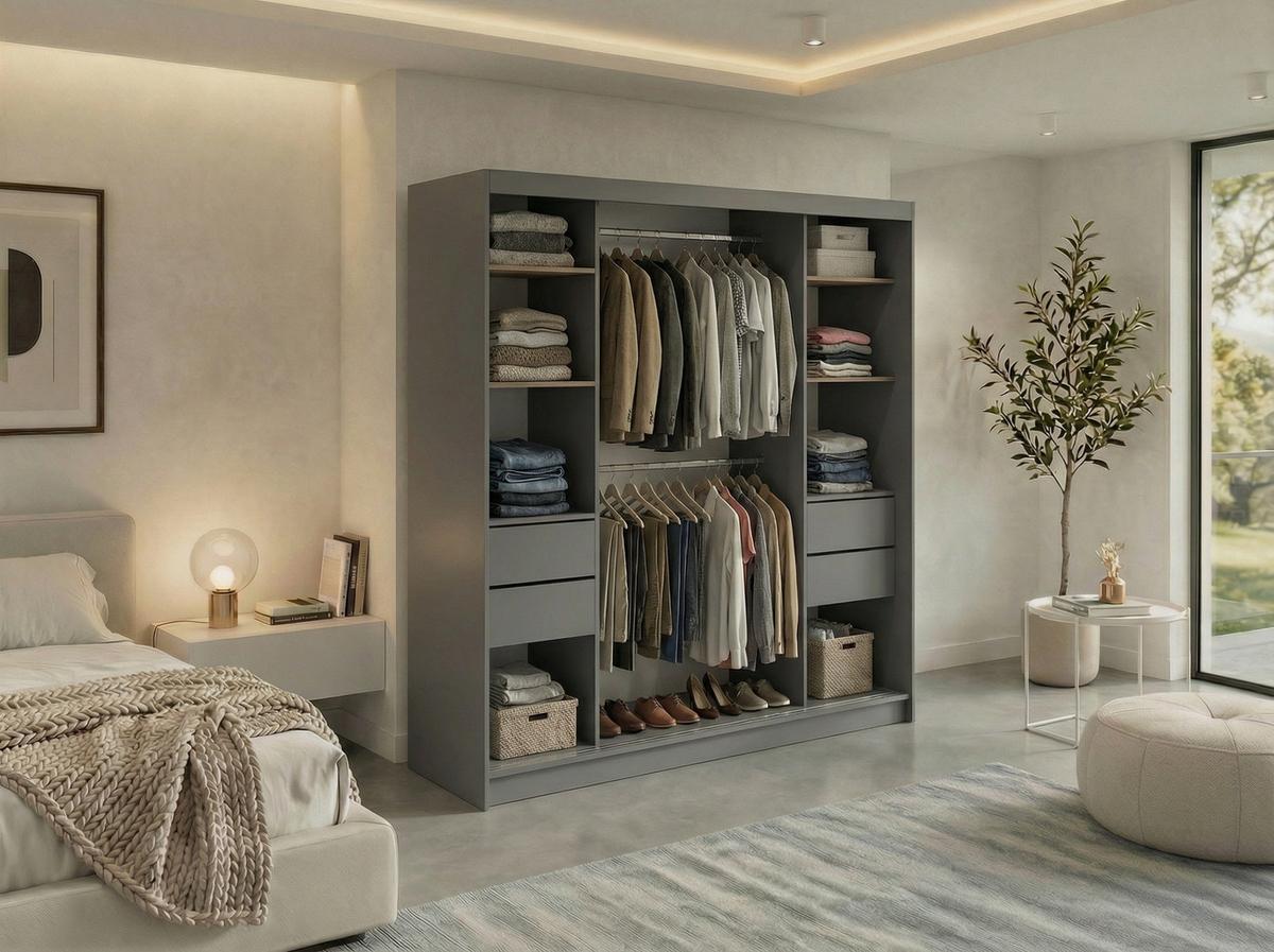 SCHWEBETÜRENSCHRANK mit Schubladen 200 - MACEDONIA - Grau - Alufarben/Grau, Holzwerkstoff/Metall (200/216/61cm) - MKS