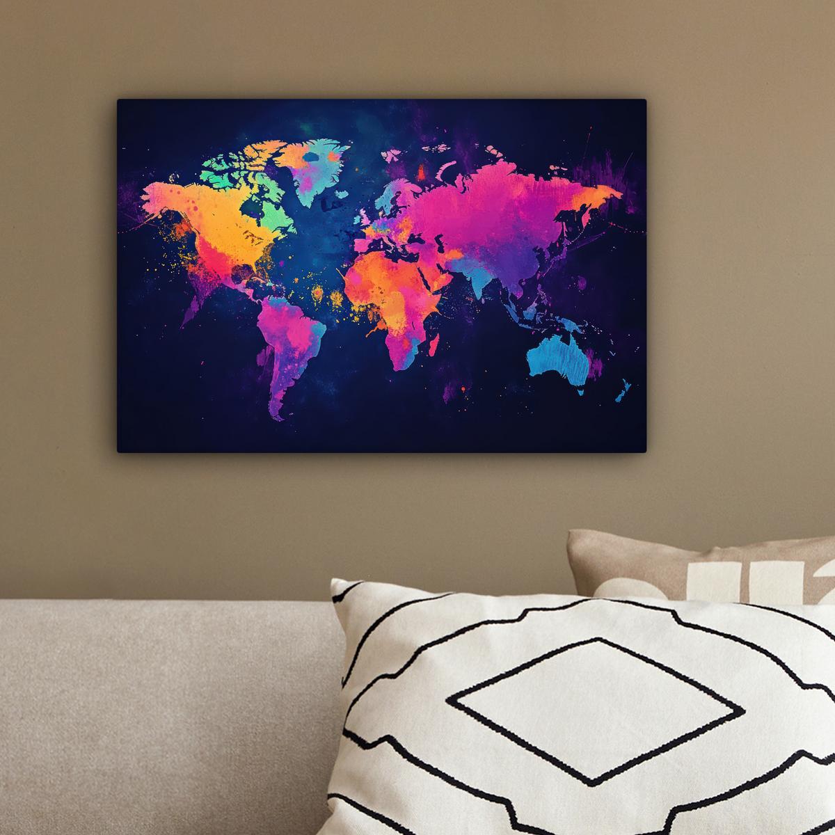 LEINWANDBILD Weltkarte - Bunt - Graffiti Deko Schlafzimmer 30x20 cm - Multicolor, Textil (30/20cm) - MuchoWow