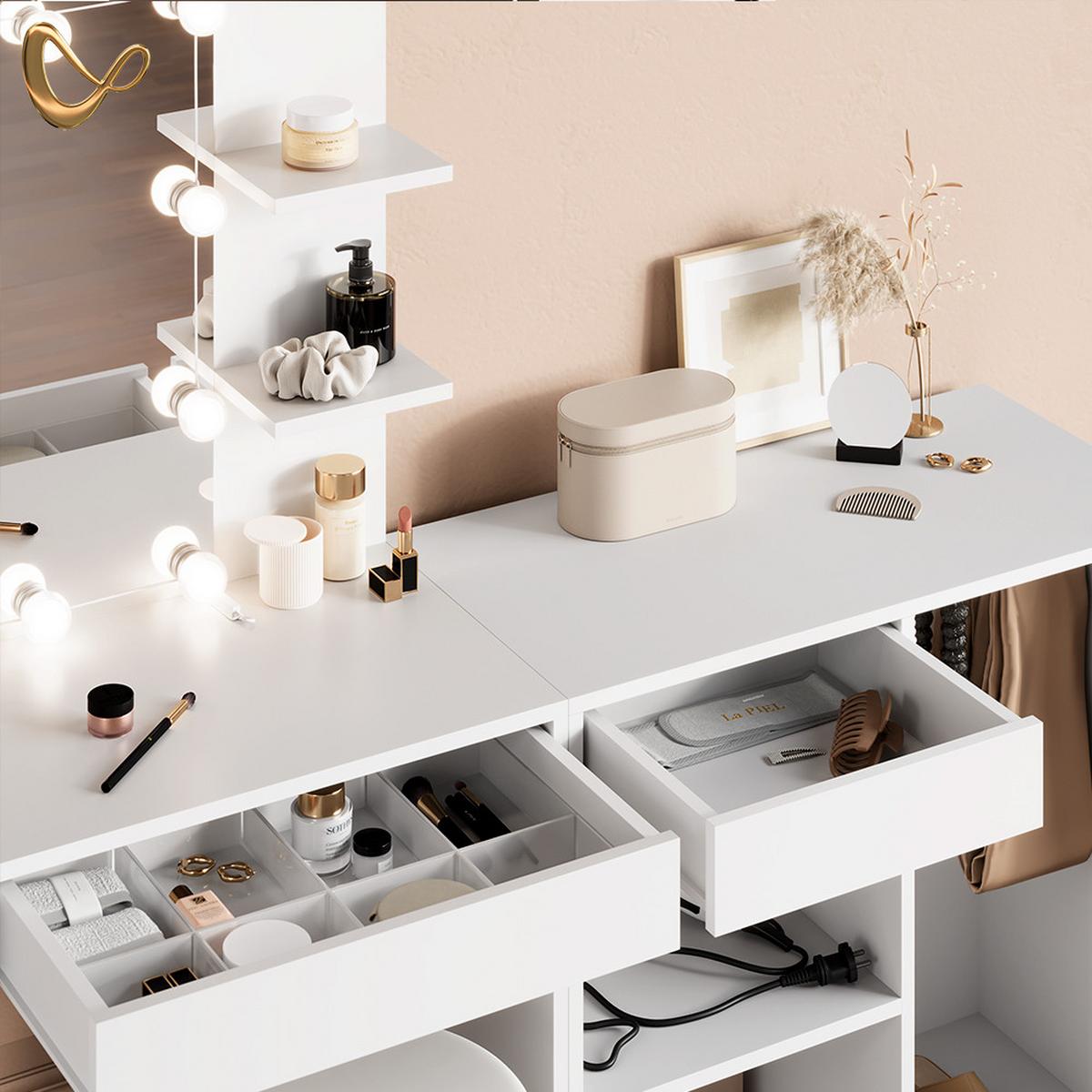 SCHMINKTISCH Nola Weiß mit LED, Hocker und Schrank - Weiß, Holzwerkstoff (140/140/40cm) - Livinity®
