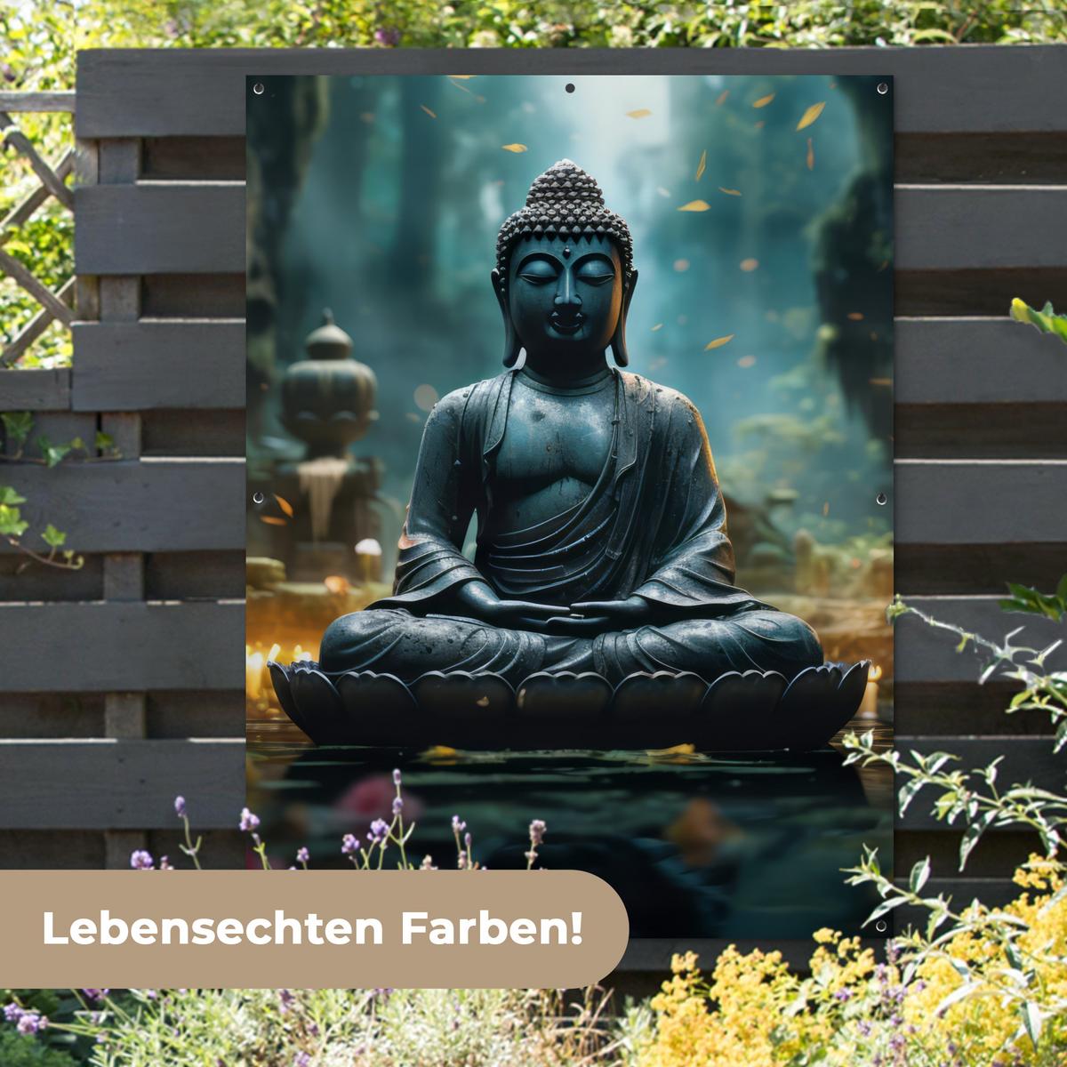 GARTENPOSTER Buddha - Statue - Buddha - Zen - Kunst - Buddha Gartendekoration 120x160 cm - Dunkelgrau, Kunststoff (120/160/0.2cm) - OnlyWow