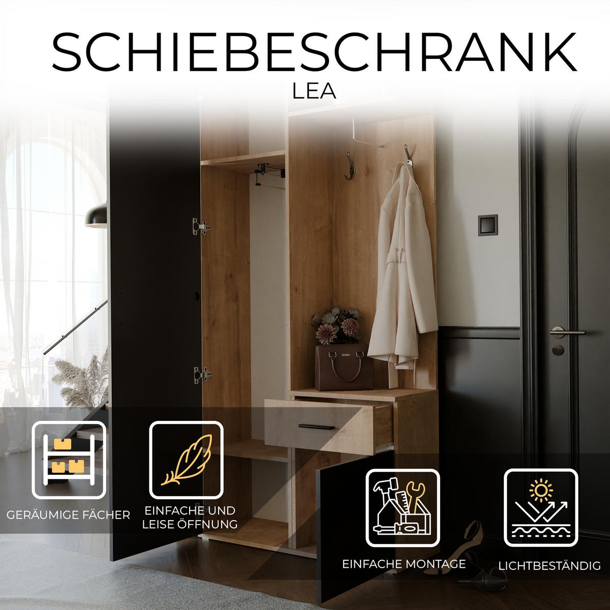 GARDEROBENSCHRANK mit Spiegel-mit Ablagen und Kleiderstange - Schwarz/Braun, Holzwerkstoff (97/195/30cm) - Idohome