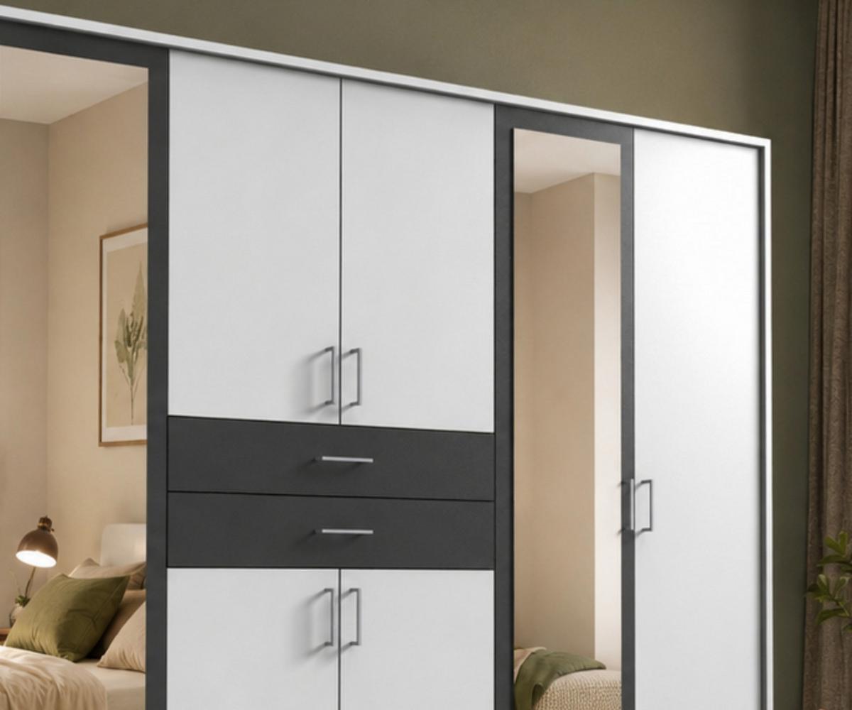 DREHTÜRENSCHRANK Kleiderschrank B273/H210/T58 cm mit Passepartout, Schubkästen & 2 Spiegeltüren, Weiß mit Absetzungen in Grafit / 22601 - Silberfarben/Graphitfarben, Holzwerkstoff/Kunststoff (273/210/58cm) - luma-home
